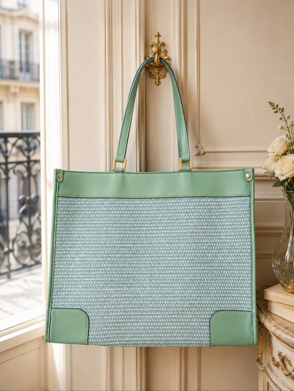 Anna Paola Genuine Leather Mint Green Woven Tote Bag